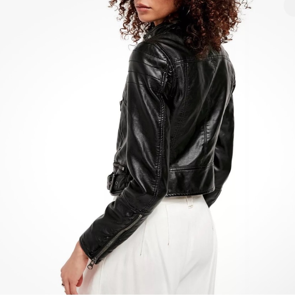 We The Free People Black Fenix Faux Leather Moto ZIP UP Jacket Sz. M - Picture 3 of 9
